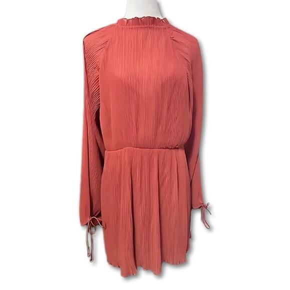 ASOS Blouson Mini Dress Long Bell Sleeves High Neck Keyhole Back Coral W 8 NWT - Picture 1 of 10